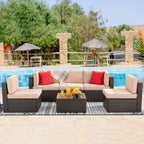 Vongrasig Patio Furniture Sets, Outdoor Patio Set Sectional Sofa, All-Weather PE Rattan Outdoor Couch with Ottoman, Glass Table for Garden, Backyard, Porch