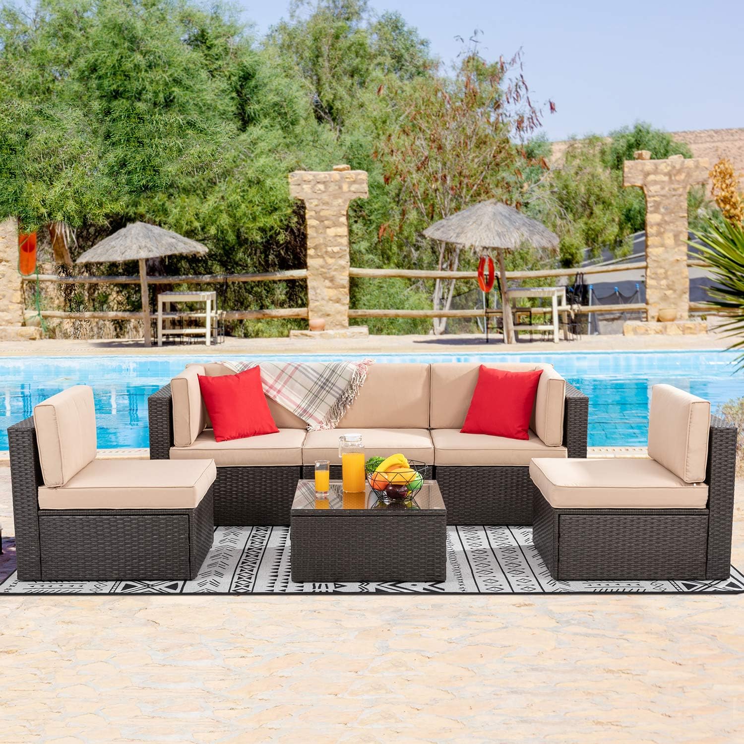 Vongrasig Patio Furniture Sets, Outdoor Patio Set Sectional Sofa, All-Weather PE Rattan Outdoor Couch with Ottoman, Glass Table for Garden, Backyard, Porch
