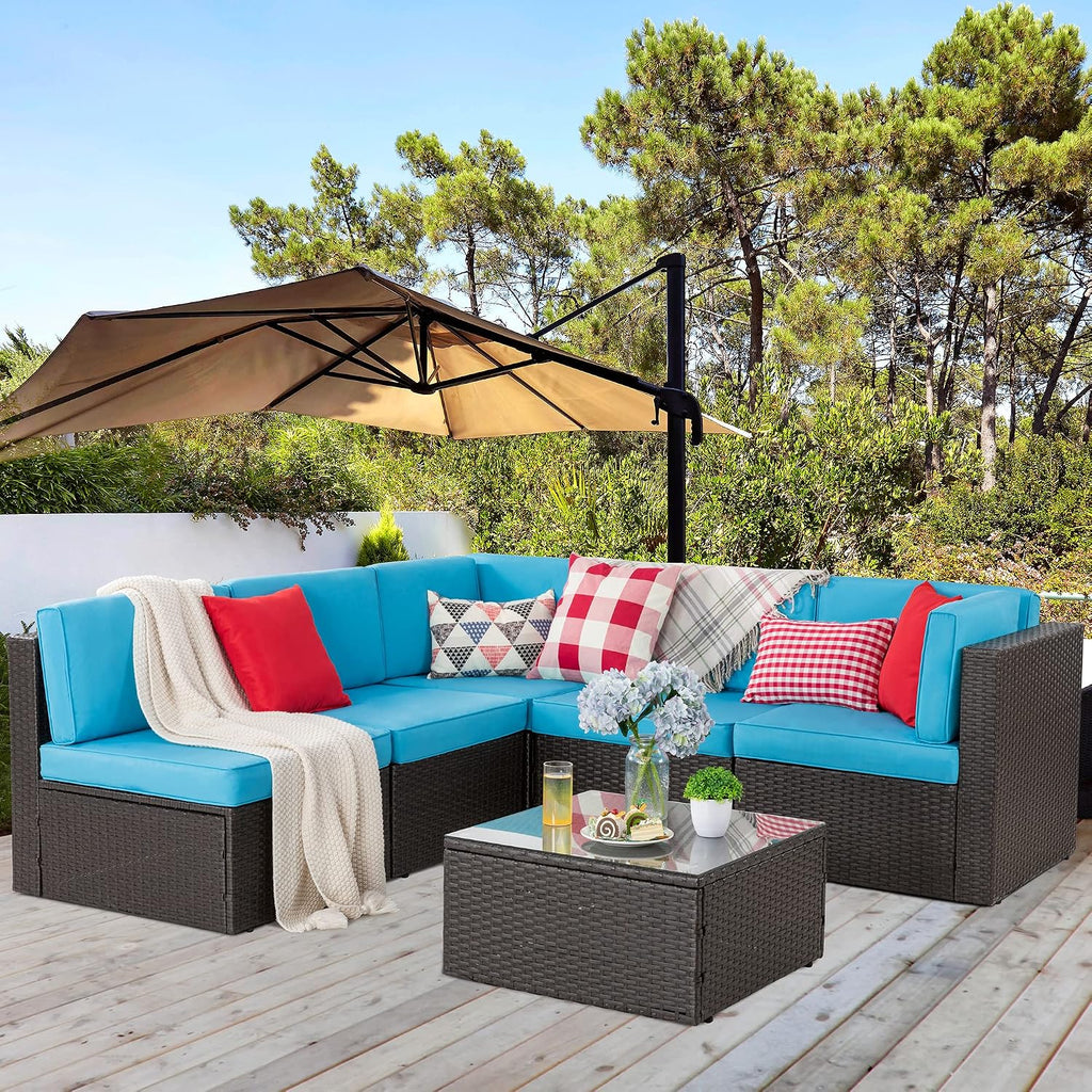 Vongrasig Patio Furniture Sets, Outdoor Patio Set Sectional Sofa, All-Weather PE Rattan Outdoor Couch with Ottoman, Glass Table for Garden, Backyard, Porch