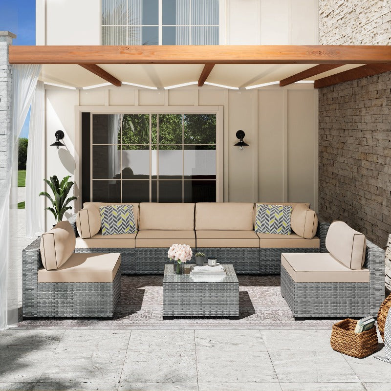 Walsunny Patio Furniture 7 Pieces Outdoor Sectional Sofa Set, Silver Wicker#color_khaki