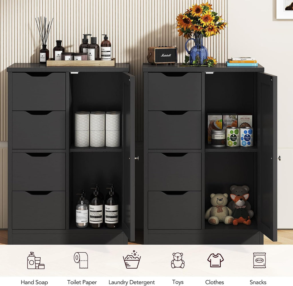 Vongrasig Bathroom Floor Storage Cabinet, Wooden Storage Organizer with 4 Drawers and 1 Door, Freestanding Pantry Cabinet with Adjustable Shelves for Bathroom, Living Room, Kitchen, Entryway