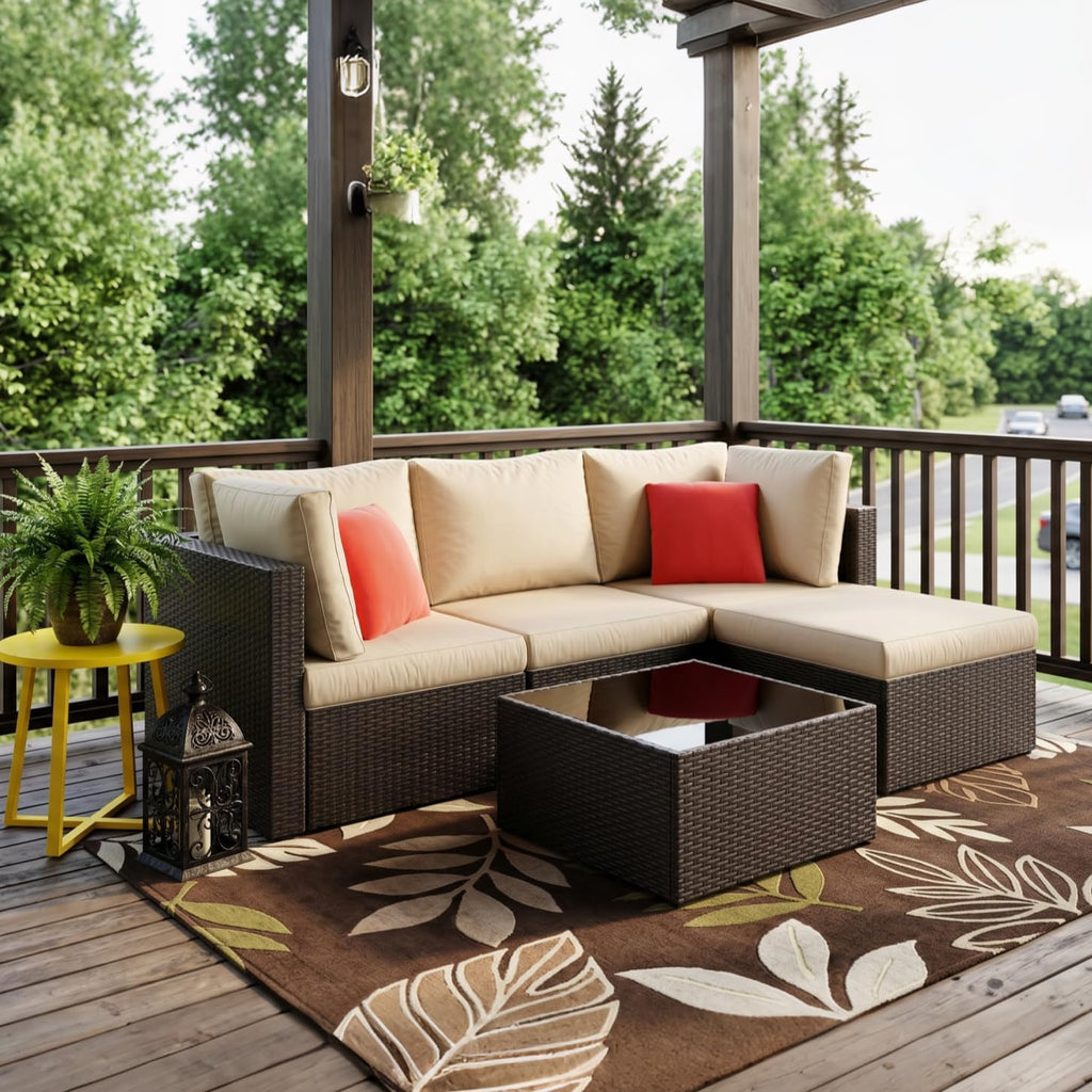 Vongrasig Patio Furniture Sets, Outdoor Patio Set Sectional Sofa, All-Weather PE Rattan Outdoor Couch with Ottoman, Glass Table for Garden, Backyard, Porch