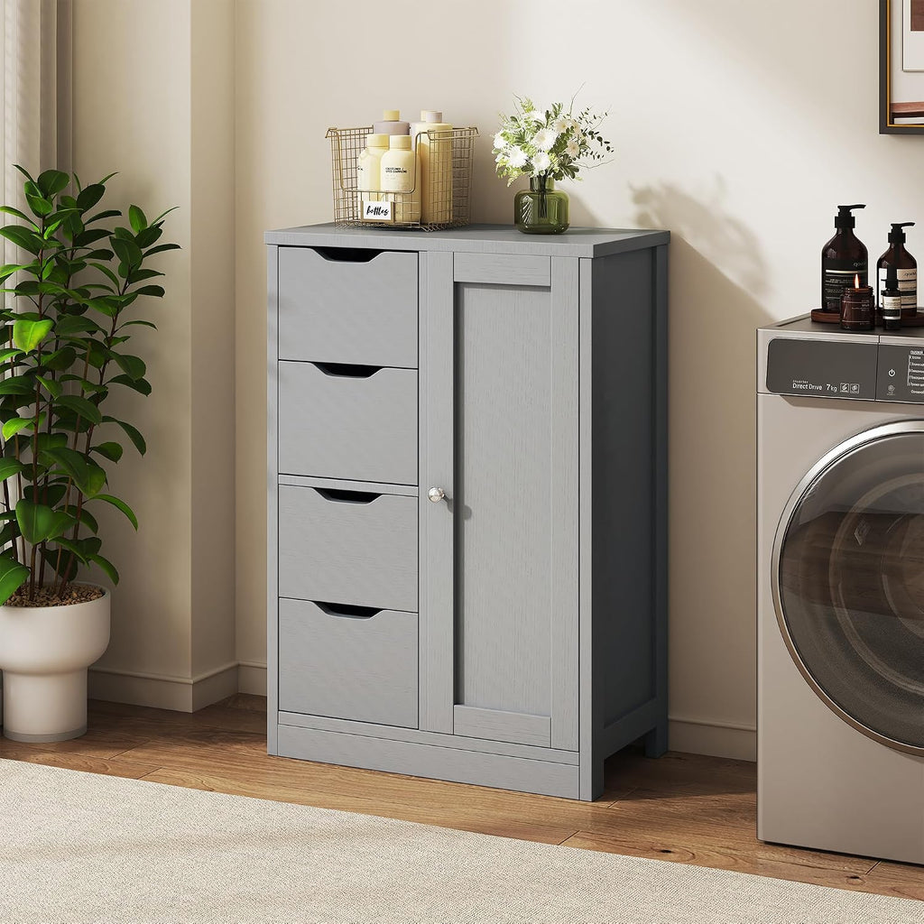 Vongrasig Bathroom Floor Storage Cabinet, Wooden Storage Organizer with 4 Drawers and 1 Door, Freestanding Pantry Cabinet with Adjustable Shelves for Bathroom, Living Room, Kitchen, Entryway