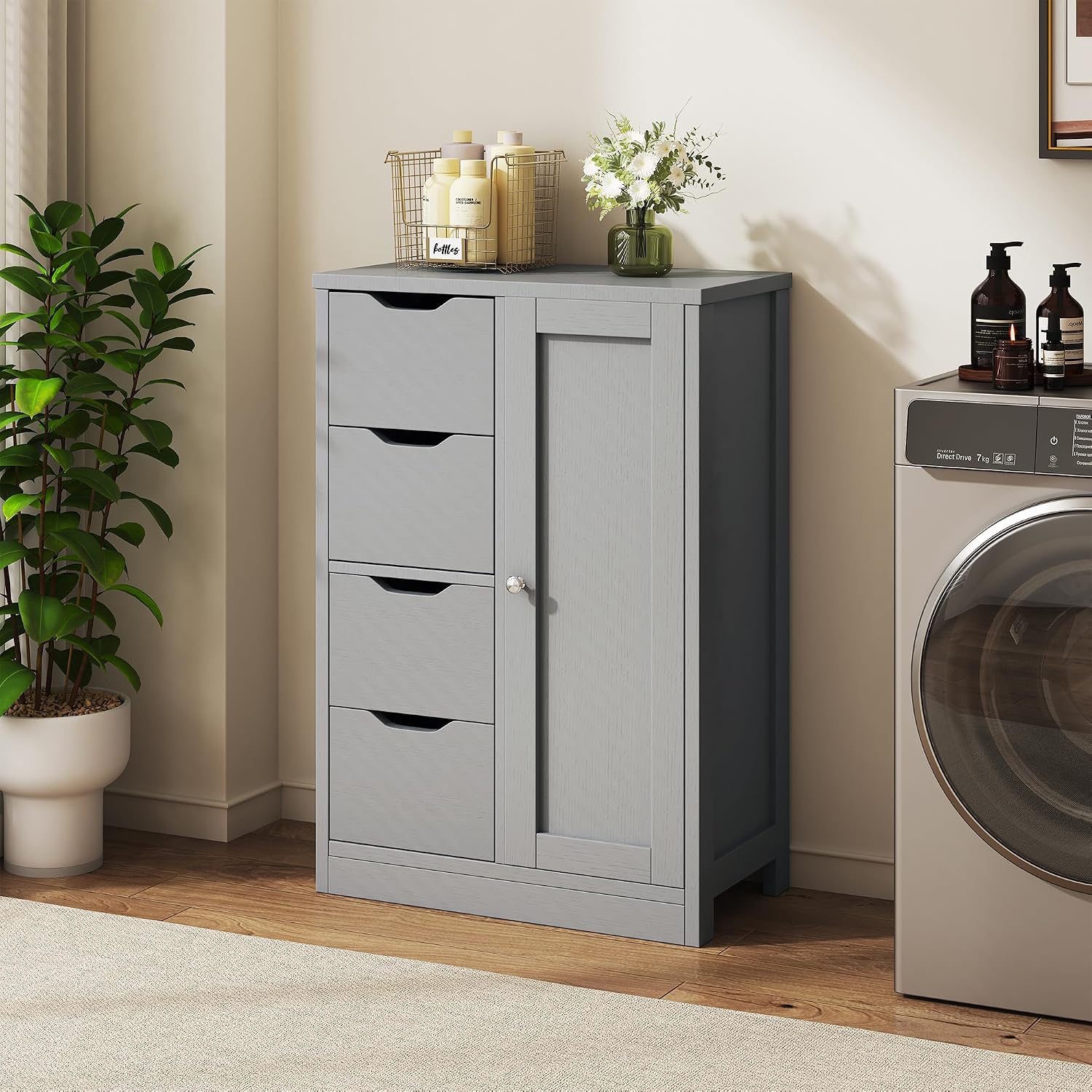 Vongrasig Bathroom Floor Storage Cabinet, Wooden Storage Organizer with 4 Drawers and 1 Door, Freestanding Pantry Cabinet with Adjustable Shelves for Bathroom, Living Room, Kitchen, Entryway