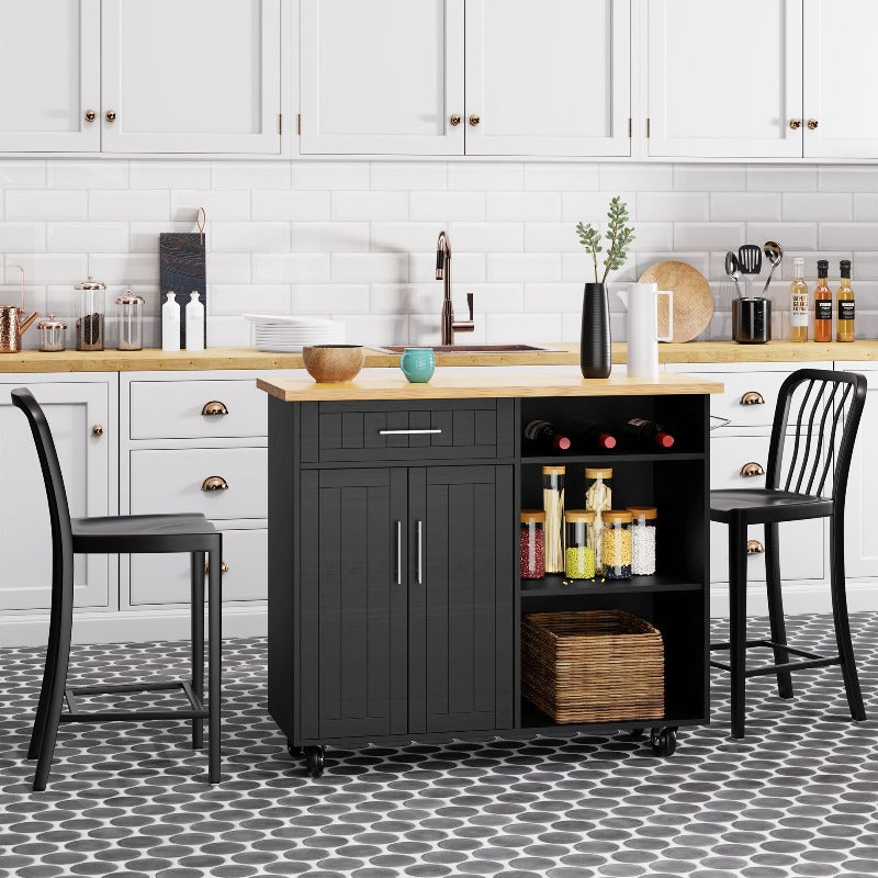 Walsunny 42¡®¡¯ Kitchen Island Cart Storage with Solid Wood Top#color_black