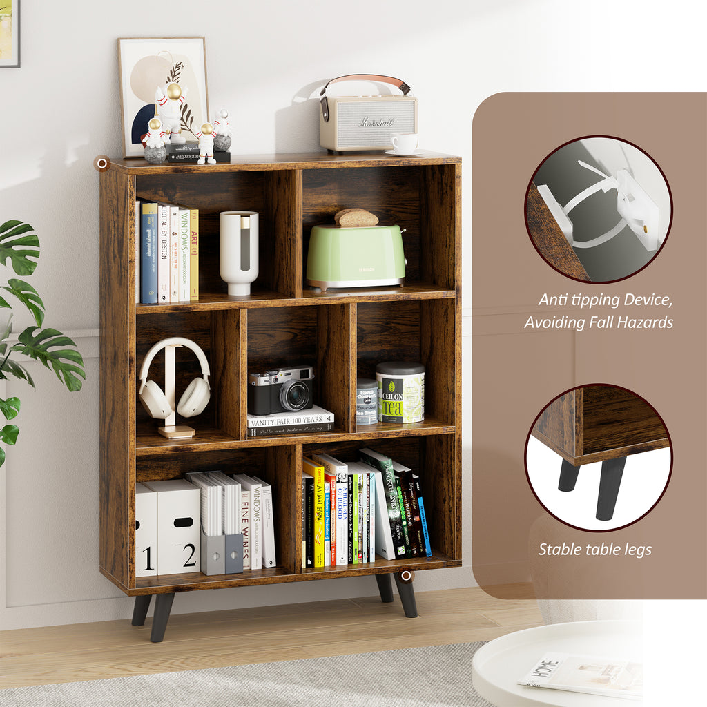 Vongrasig 7 Cube Bookshelf, 3 Tier Mid-Century Modern Bookcase with Legs, Wooden Bookshelf Storage Organizer Display Bookcase for Bedroom, Living Room, Office, Rustic