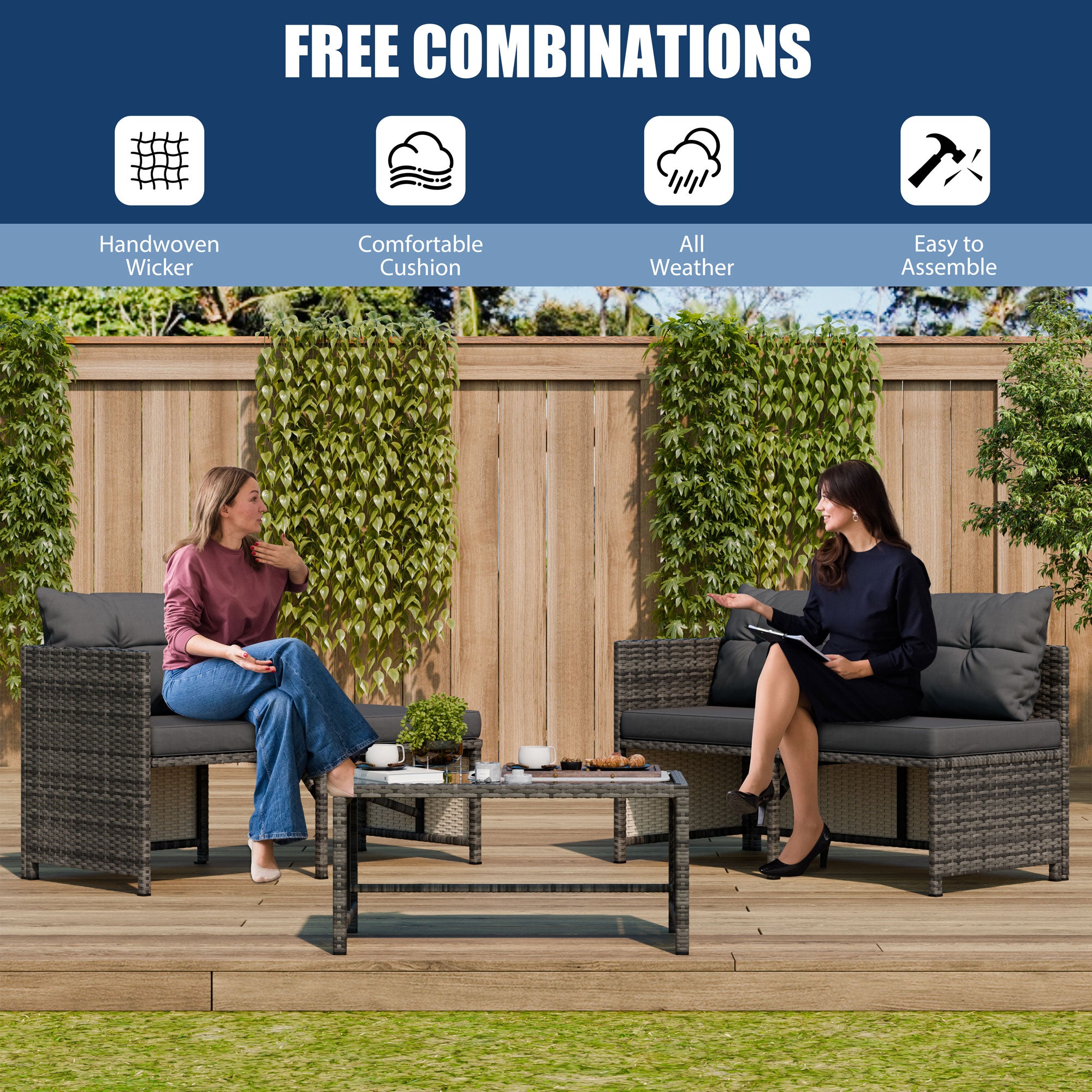 Vongrasig 3 Pieces Patio Furniture Sets, All-Weather Wicker Outdoor Sofa Couch Sectional Set, Small Conversation Set for Patio, Garden w/Cushion, Glass Table