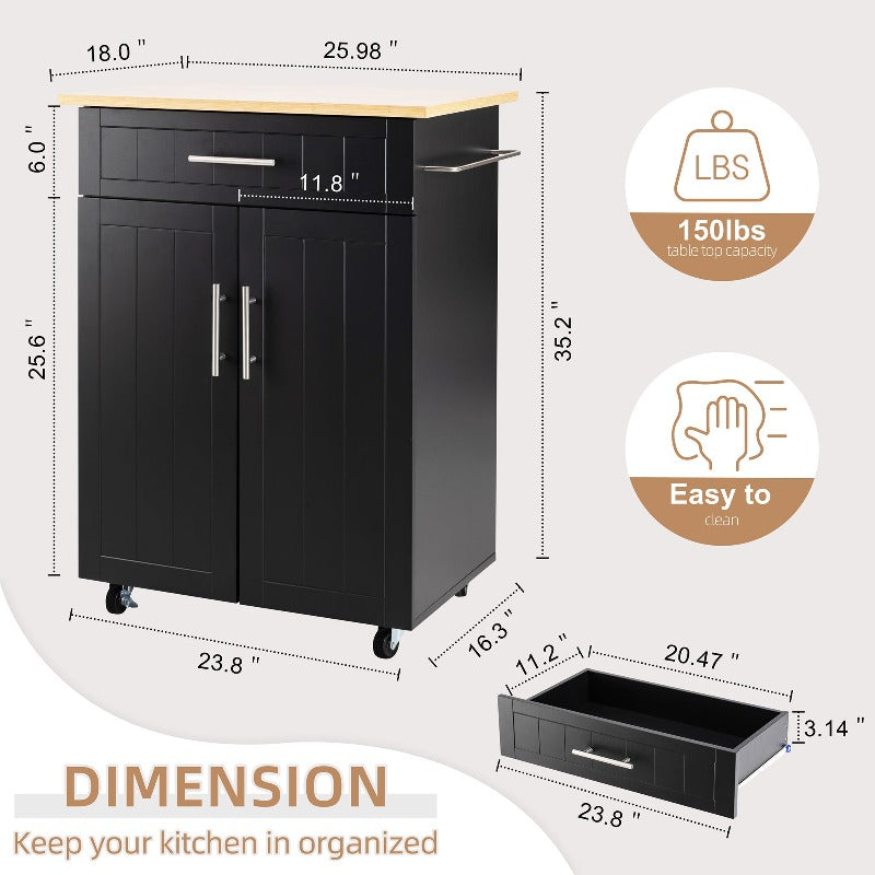 Walsunny 26 Rolling Kitchen Island with Solid Wood Top#color_black