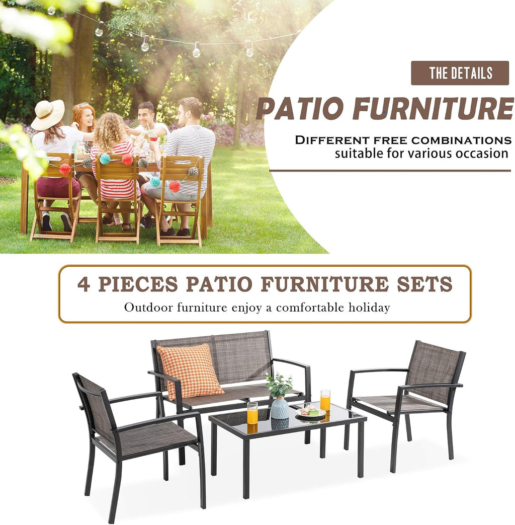Vongrasig 4 Pieces Patio Furniture Sets,Outdoor Patio Conversation Sets with Glass Coffee Table, Small Porch Balcony Furniture, Patio Table and Chairs Set for Garden, Backyard
