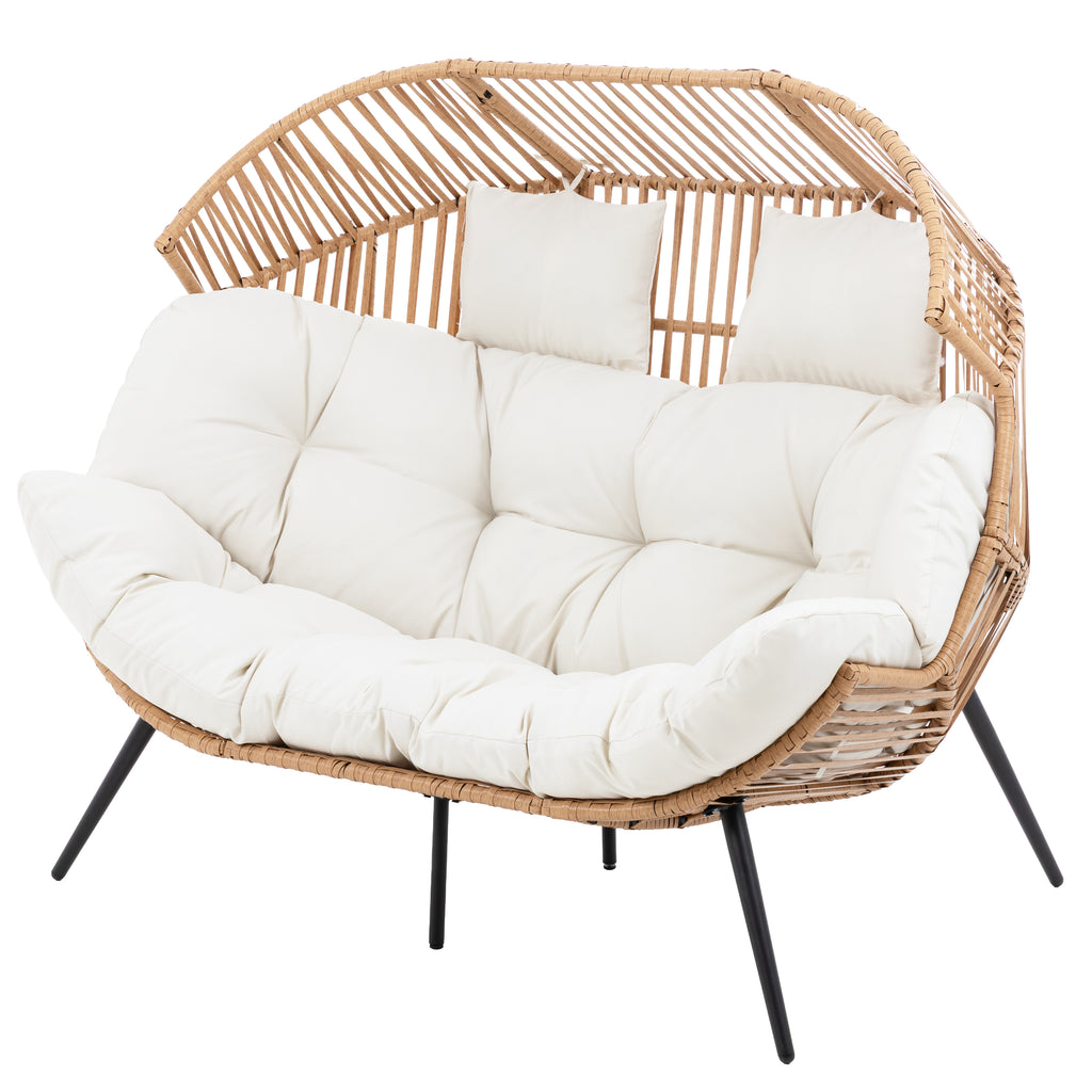 Vongrasig Wicker Double Egg Chair PE Rattan with Thicken Padded Cushion, 2 Person Oversized Patio Lounge Loveseat Chair for Outdoor, Indoor, Balcony, Backyard, Garden, Beige