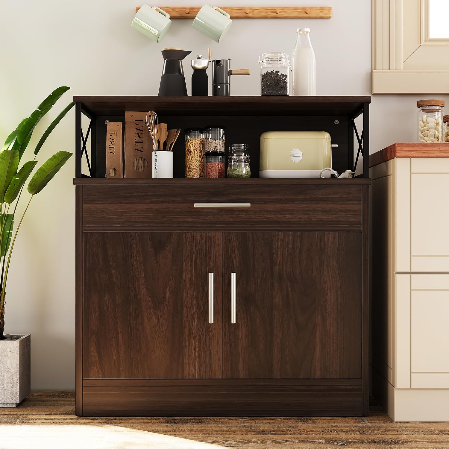 Vongrasig Farmhouse Coffee Bar Cabinet, Small Sideboard Buffet with Storage, Modern Kitchen Storage Cabinet with 1 Drawer and 2 Doors for Kitchen, Dining Room