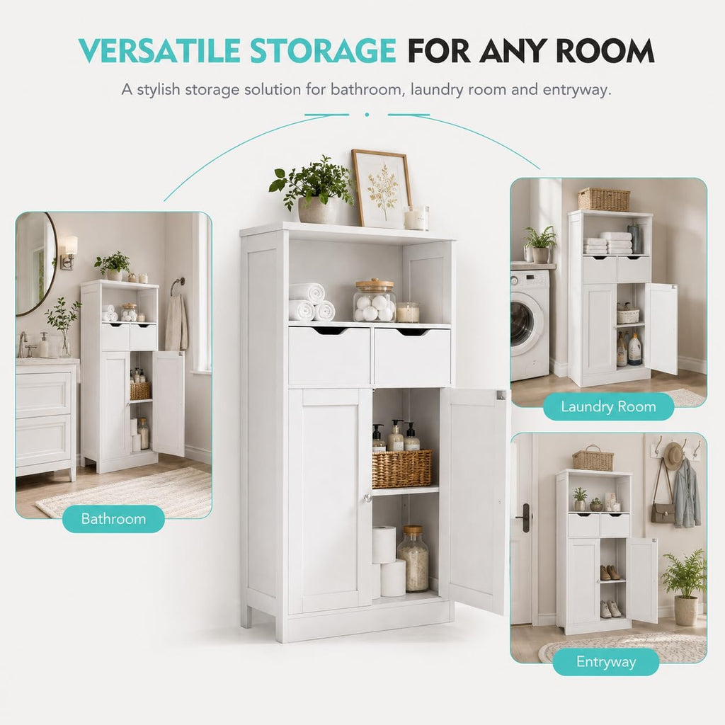 Vongrasig Bathroom Storage Cabinet, 42.5" H Freestanding Floor Cabinet | Wooden Modern Cabinet with 2 Drawers, Open Shelf and Adjustable Shelf for Bathroom, Laundry Room and Entryway