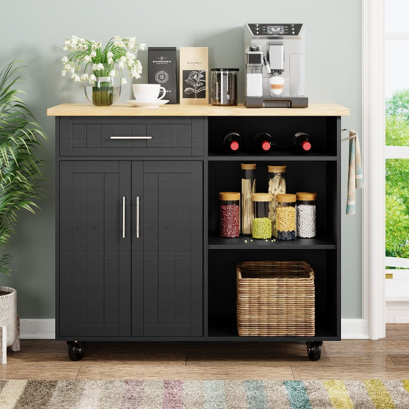 Walsunny 42¡®¡¯ Kitchen Island Cart Storage with Solid Wood Top#color_black 