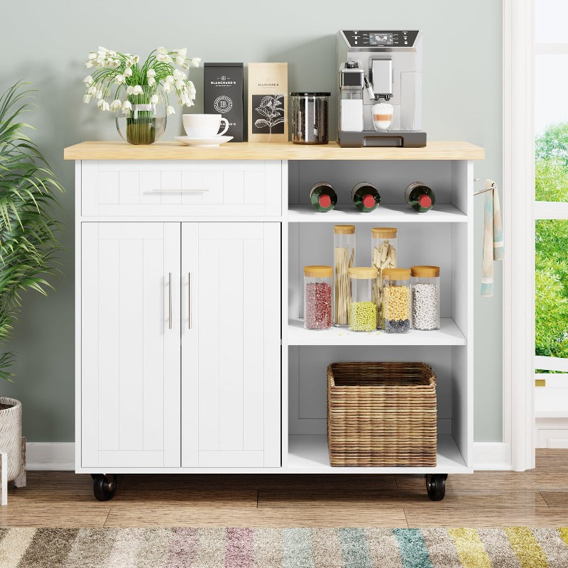 Walsunny 42¡®¡¯ Kitchen Island Cart Storage with Solid Wood Top#color_white