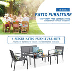 Vongrasig 4 Pieces Patio Furniture Sets,Outdoor Patio Conversation Sets with Glass Coffee Table, Small Porch Balcony Furniture, Patio Table and Chairs Set for Garden, Backyard