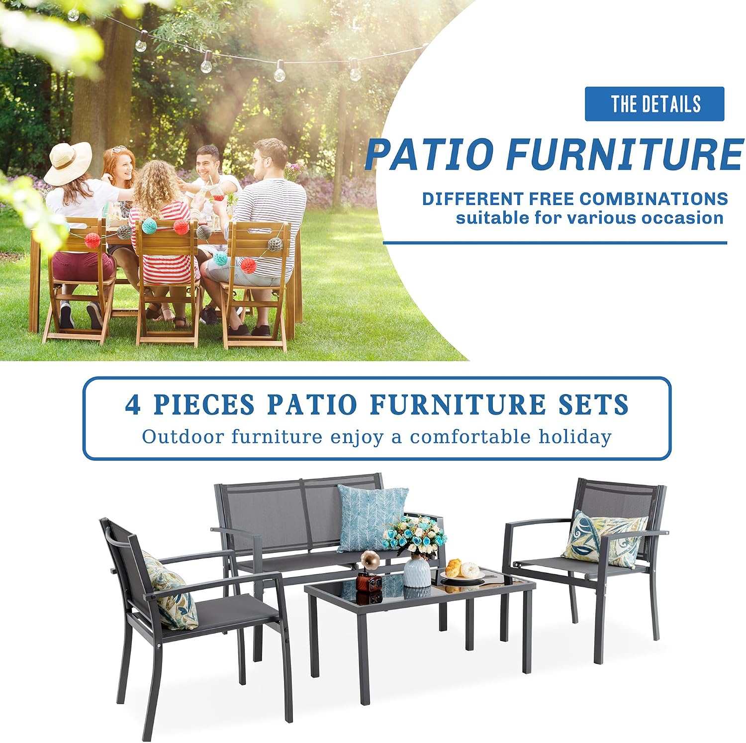Vongrasig 4 Pieces Patio Furniture Sets,Outdoor Patio Conversation Sets with Glass Coffee Table, Small Porch Balcony Furniture, Patio Table and Chairs Set for Garden, Backyard