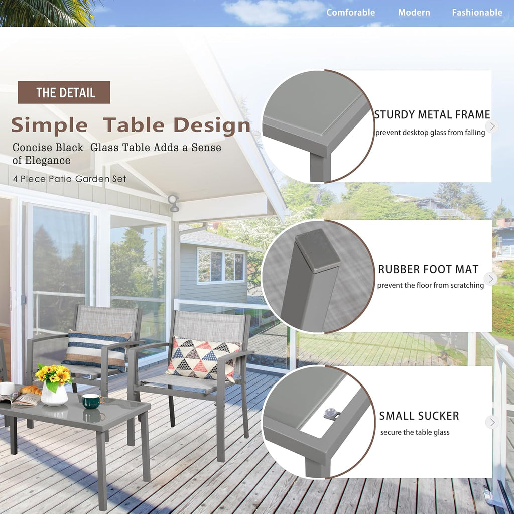 Vongrasig 4 Pieces Patio Furniture Sets,Outdoor Patio Conversation Sets with Glass Coffee Table, Small Porch Balcony Furniture, Patio Table and Chairs Set for Garden, Backyard