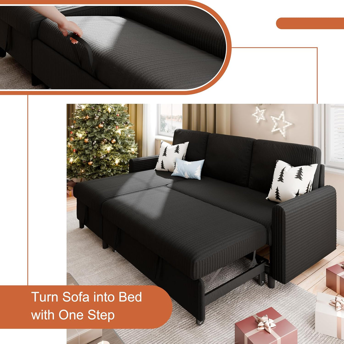 Vongrasig Sleeper Sofa with Storage for Small Space, Convertible Small Pull Out Couch with Storage Chaise, L Shaped Sectional Sofa Bed for Apartment, Guest Room, Black Corduroy