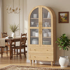 Vongrasig 71" Tall Arched Kitchen Pantry Storage Cabinet with Glass Doors, 2 Large Drawers, 6-Tier Tall Rustic Wood Cupboard Locker for Kitchen, Dining Room, Living Room, Bathroom,Natural