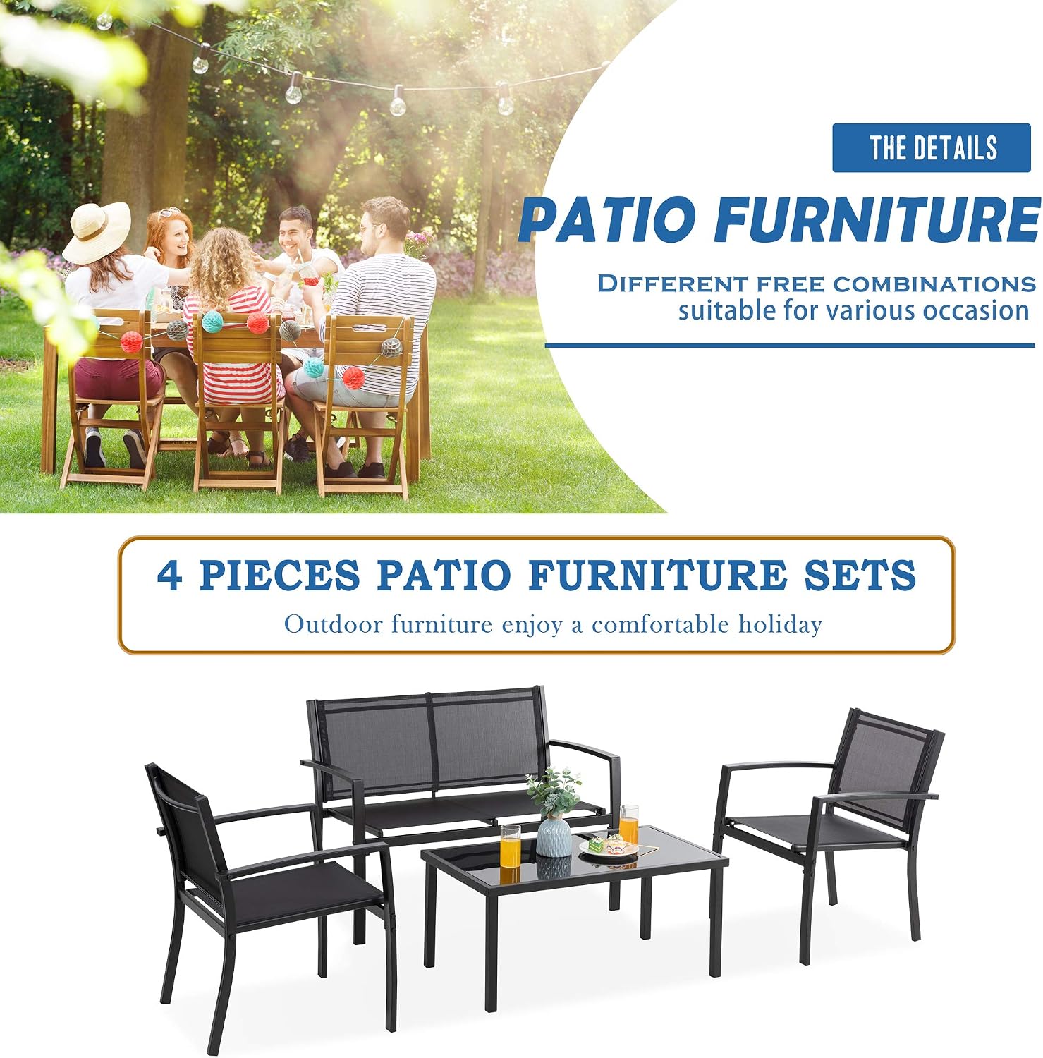 Vongrasig 4 Pieces Patio Furniture Sets,Outdoor Patio Conversation Sets with Glass Coffee Table, Small Porch Balcony Furniture, Patio Table and Chairs Set for Garden, Backyard