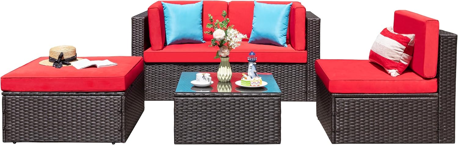 Vongrasig Patio Furniture Sets, Outdoor Patio Set Sectional Sofa, All-Weather PE Rattan Outdoor Couch with Ottoman, Glass Table for Garden, Backyard, Porch