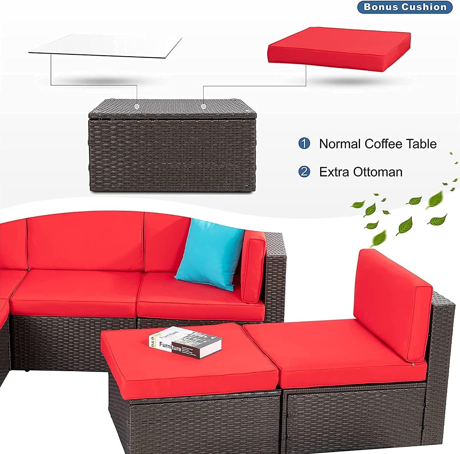 Vongrasig Patio Furniture Sets, Outdoor Patio Set Sectional Sofa, All-Weather PE Rattan Outdoor Couch with Ottoman, Glass Table for Garden, Backyard, Porch