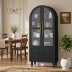 Vongrasig 71" Tall Arched Kitchen Pantry Storage Cabinet with Glass Doors, 2 Large Drawers, 6-Tier Tall Rustic Wood Cupboard Locker for Kitchen, Dining Room, Living Room, Bathroom,Black