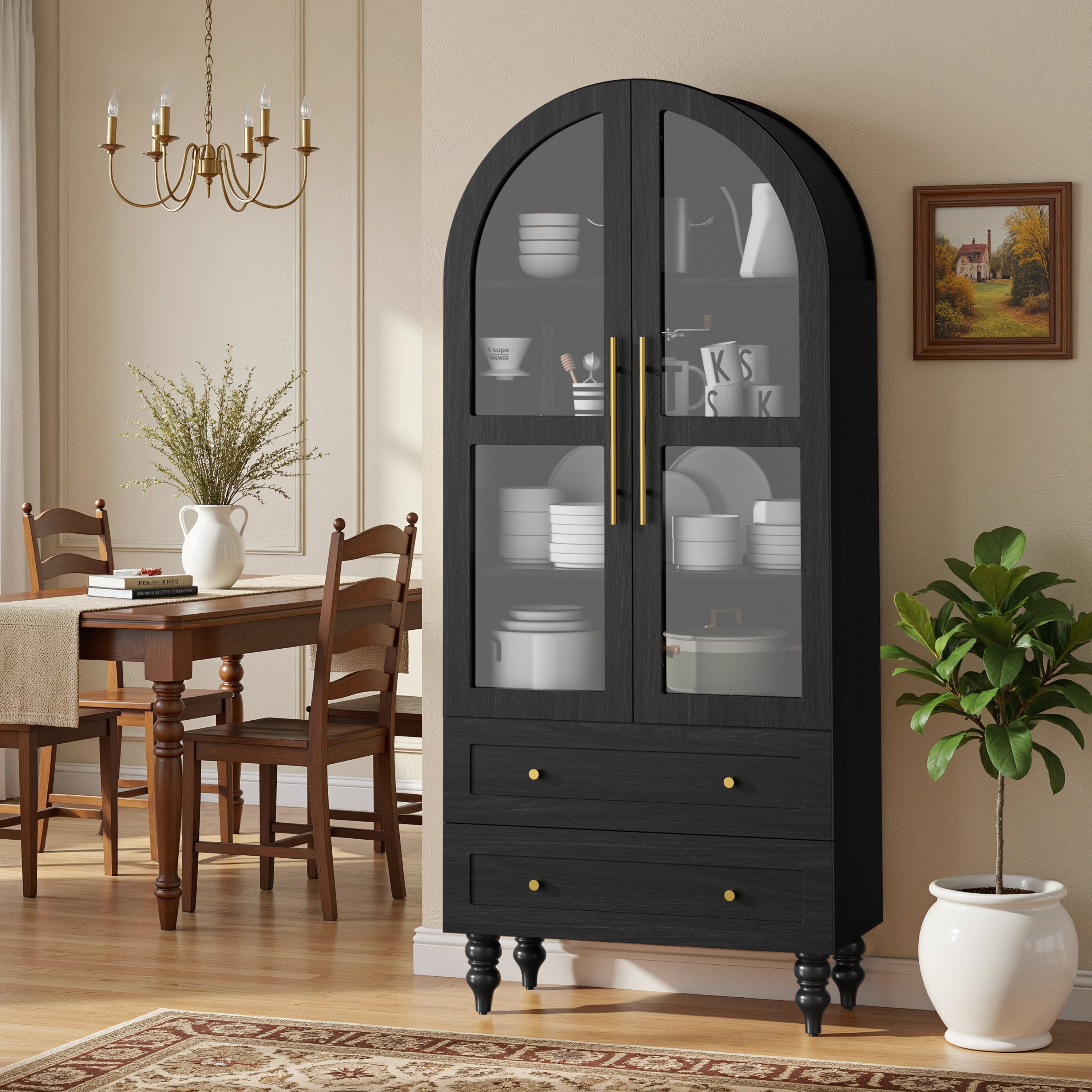 Vongrasig 71" Tall Arched Kitchen Pantry Storage Cabinet with Glass Doors, 2 Large Drawers, 6-Tier Tall Rustic Wood Cupboard Locker for Kitchen, Dining Room, Living Room, Bathroom,Black