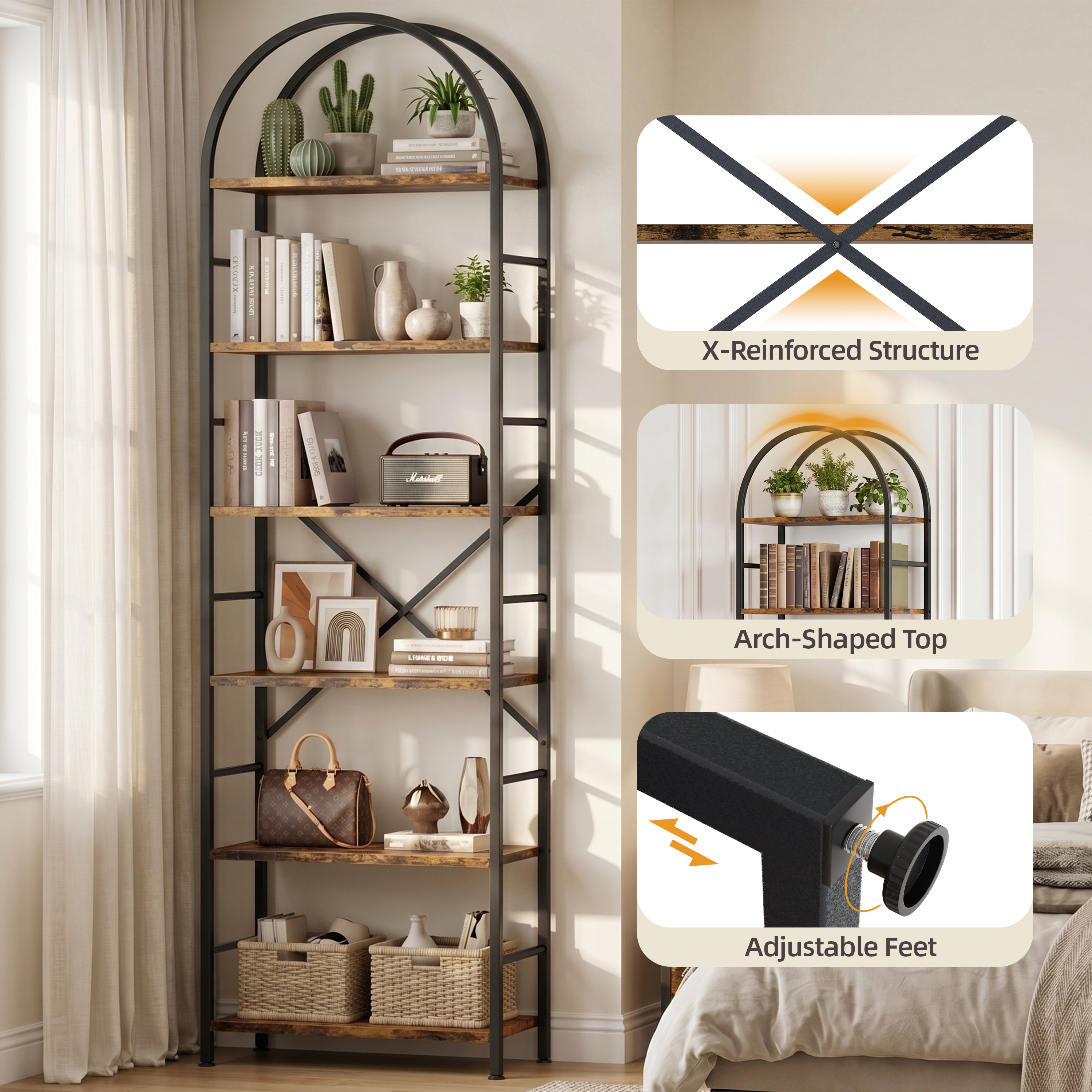 Vongrasig 6 Tier Arched Bookshelf, Industrial Tall Open Bookcase | 80”H Display Standing Shelf with Sturdy Wood and Metal Frame for Home Office, Living Room, Bedroom