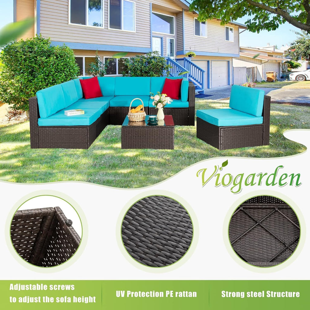 Vongrasig Patio Furniture Sets, Outdoor Patio Set Sectional Sofa, All-Weather PE Rattan Outdoor Couch with Ottoman, Glass Table for Garden, Backyard, Porch