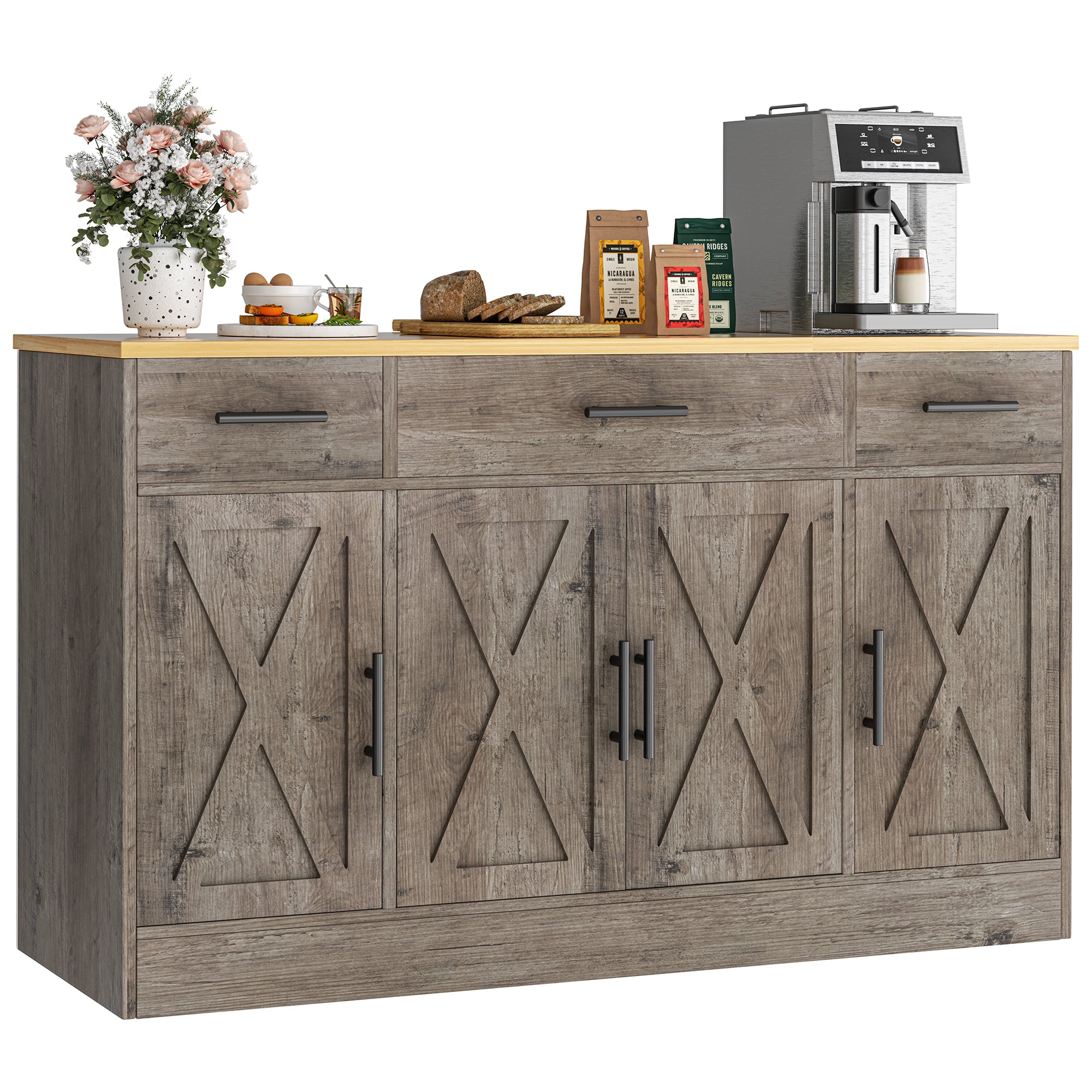 Vongrasig Buffet Cabinet with Storage, Farmhouse Coffee Bar Cabinet with Drawers, 53” Large Modern Sideboard Buffet with Adjustable Shelves for Kitchen, Dining Room