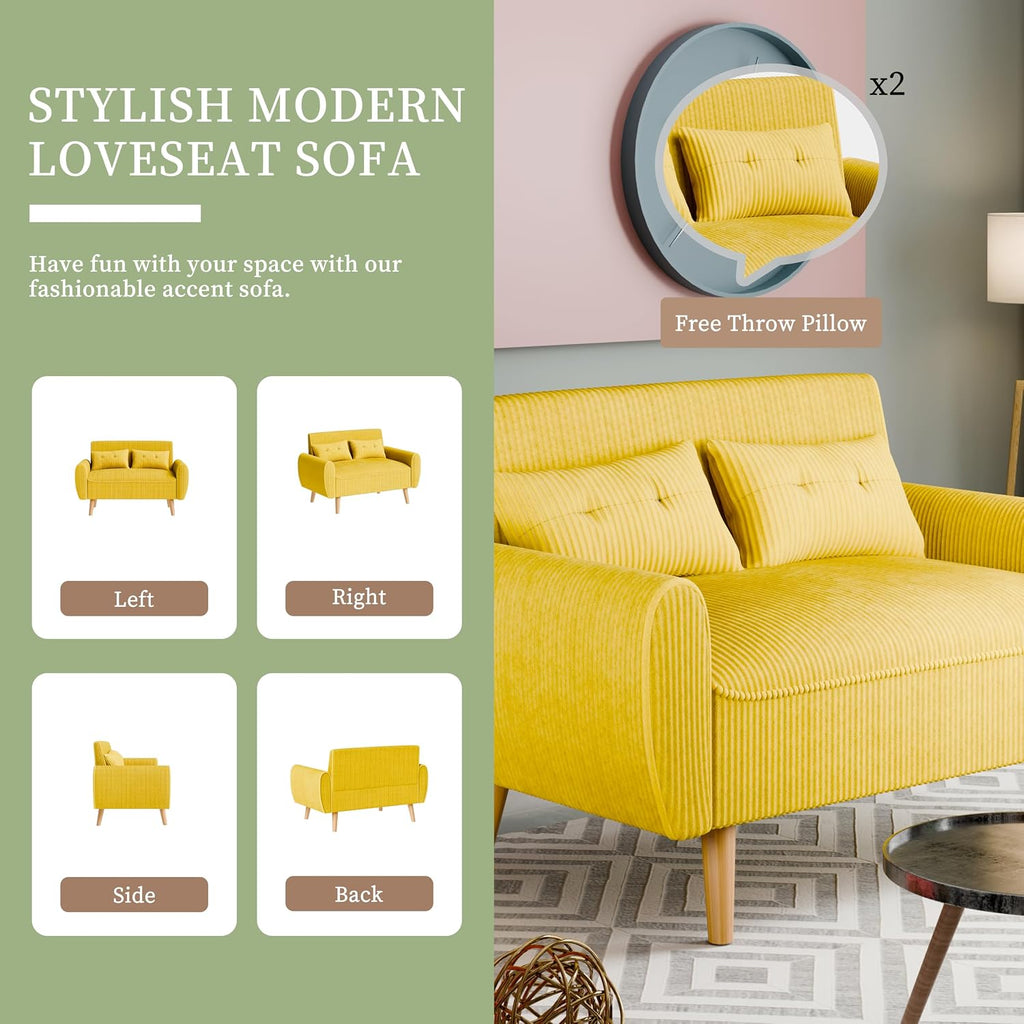 Vongrasig 48" Small Modern Loveseat Sofa, Mid Century Soft Corduroy Fabric 3-Seat Sofa Couch Tufted with Back Cushions and Tapered Legs for Living Room, Bedroom and Small Space