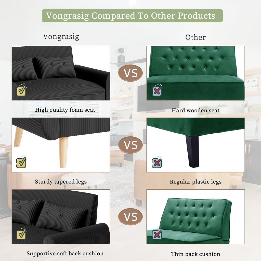 Vongrasig 48" Small Modern Loveseat Sofa, Mid Century Soft Corduroy Fabric 3-Seat Sofa Couch Tufted with Back Cushions and Tapered Legs for Living Room, Bedroom and Small Space