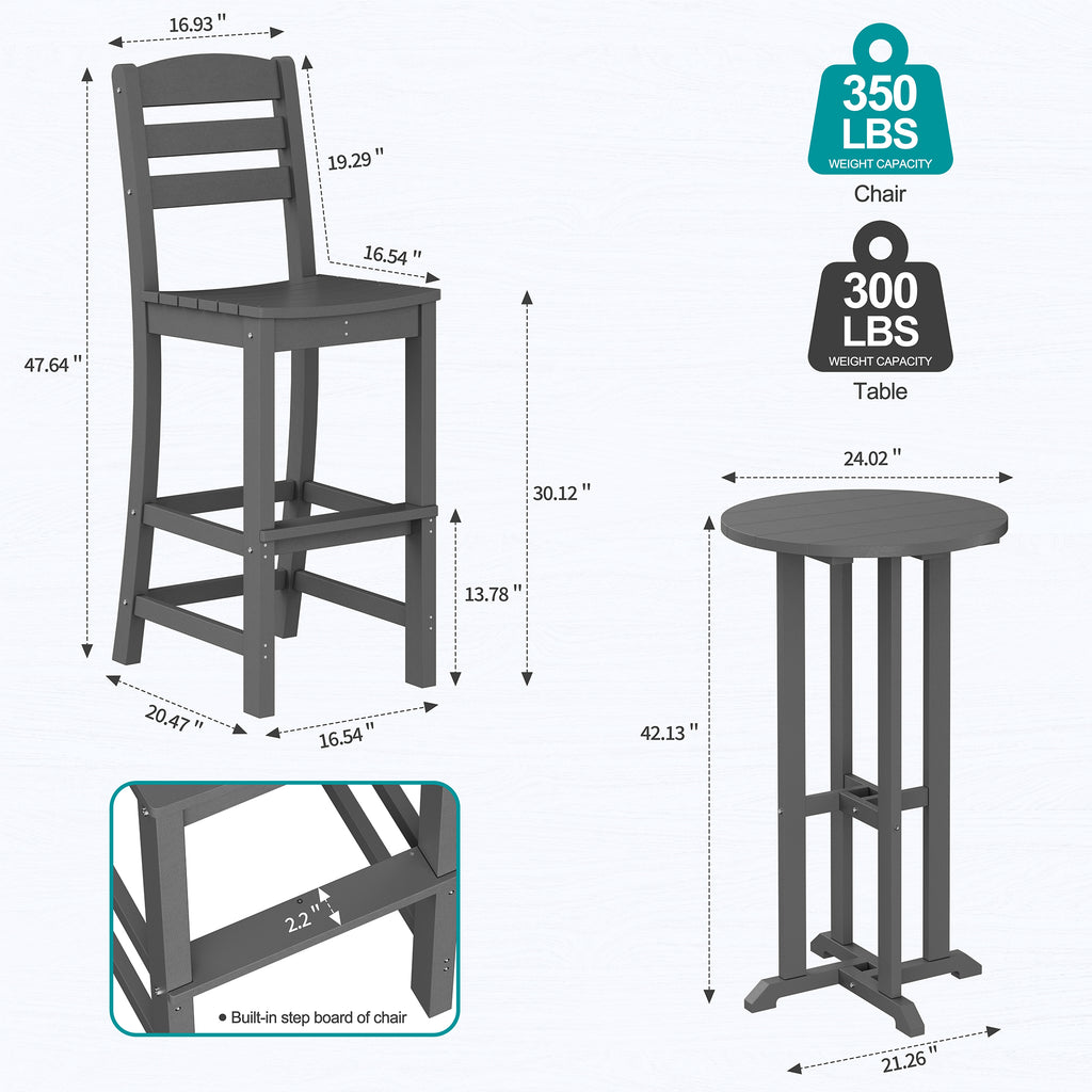 Vongrasig 3 Piece Patio Bar Set, All Weather HDPE High Bistro Stools Chair Set of 2 and Round Pub Bar Table, Outdoor High Top Patio Set for Lawn Garden, Balcony