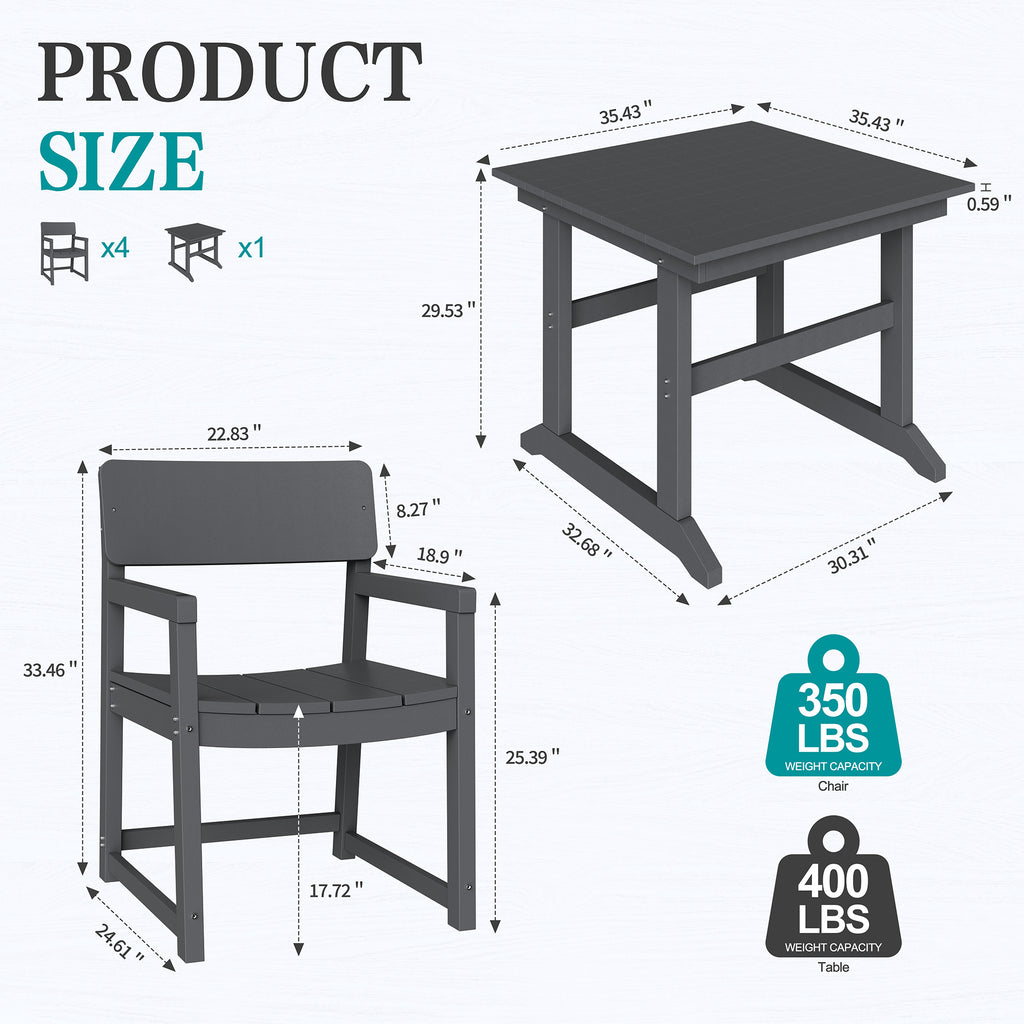 Vongrasig 5 Pieces Patio Dining Set, All Weather Outdoor HDPE Dining Furniture Set with Table and Chairs for 4, Garden Patio Furniture Set for Lawn, Backyard, Poolside