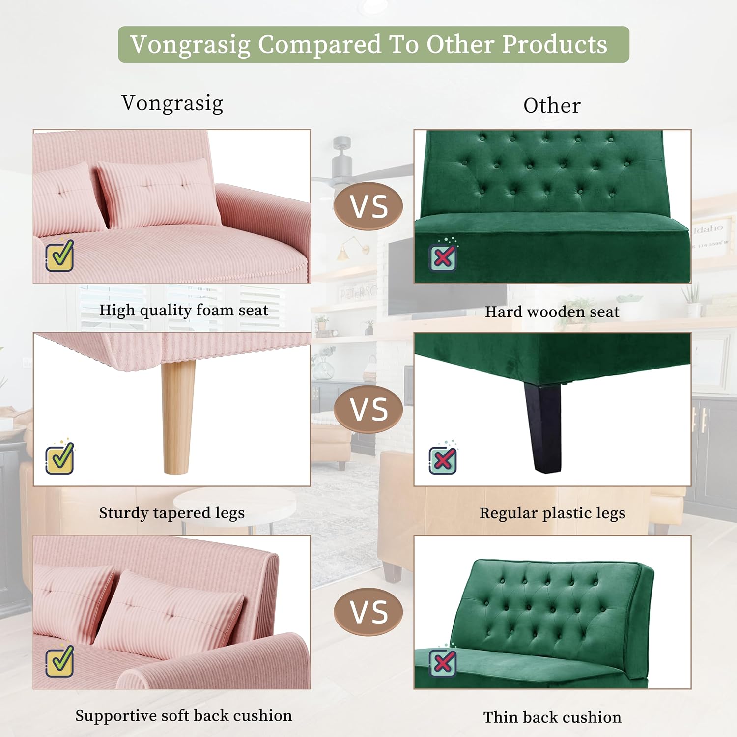 Vongrasig 48" Small Modern Loveseat Sofa, Mid Century Soft Corduroy Fabric 3-Seat Sofa Couch Tufted with Back Cushions and Tapered Legs for Living Room, Bedroom and Small Space