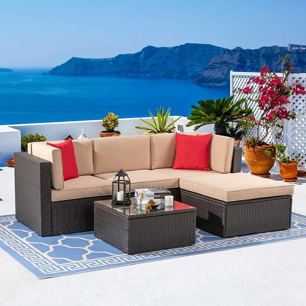 Walsunny 5 Pieces PE Wicker Chaise Outdoor Sectional Sofa Set
