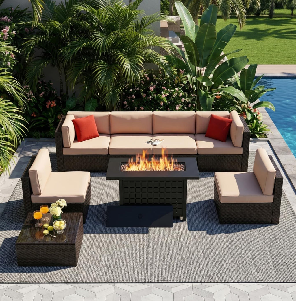 7-Piece Outdoor Rattan Patio Set with Fire Pit Table
