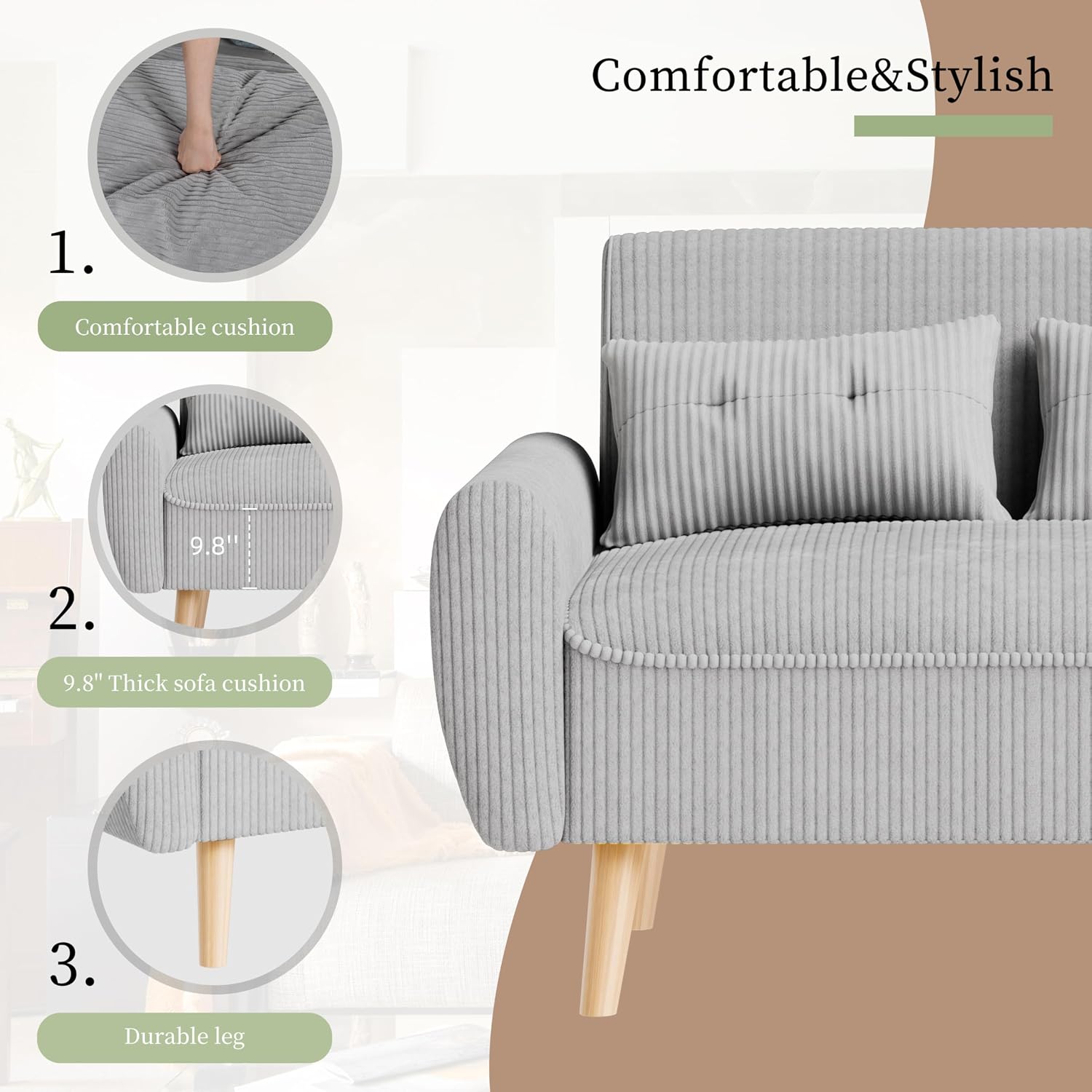 Vongrasig 48" Small Modern Loveseat Sofa, Mid Century Soft Corduroy Fabric 3-Seat Sofa Couch Tufted with Back Cushions and Tapered Legs for Living Room, Bedroom and Small Space