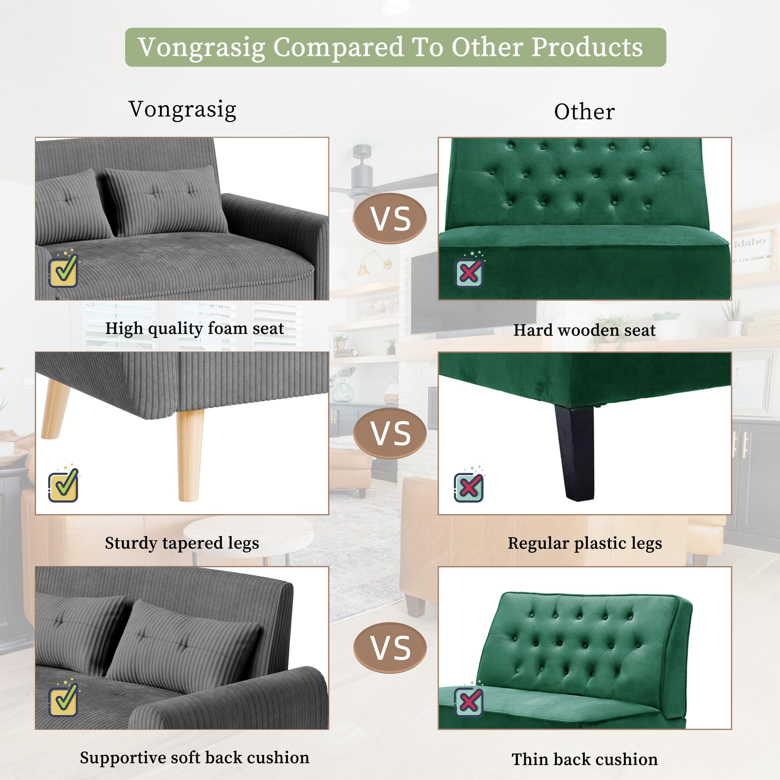 Vongrasig 48" Small Modern Loveseat Sofa, Mid Century Soft Corduroy Fabric 3-Seat Sofa Couch Tufted with Back Cushions and Tapered Legs for Living Room, Bedroom and Small Space