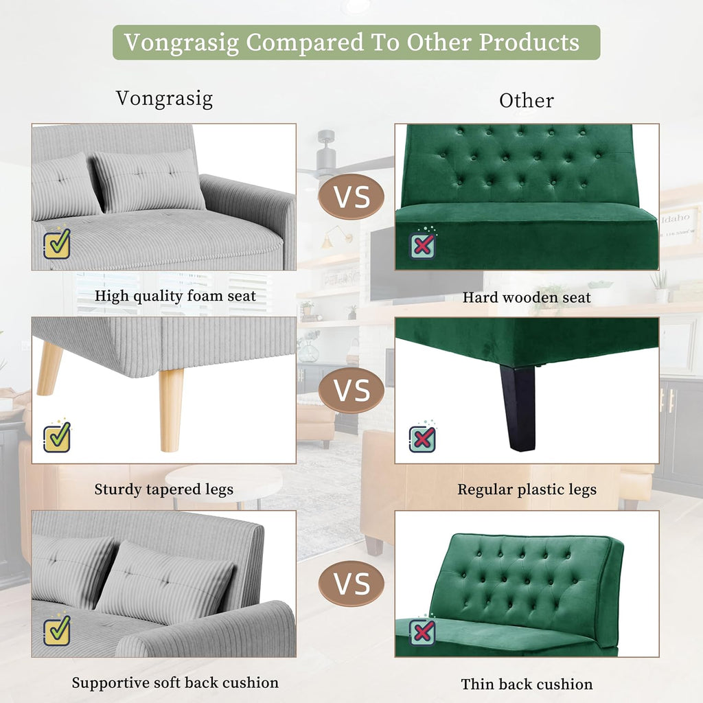 Vongrasig 48" Small Modern Loveseat Sofa, Mid Century Soft Corduroy Fabric 3-Seat Sofa Couch Tufted with Back Cushions and Tapered Legs for Living Room, Bedroom and Small Space