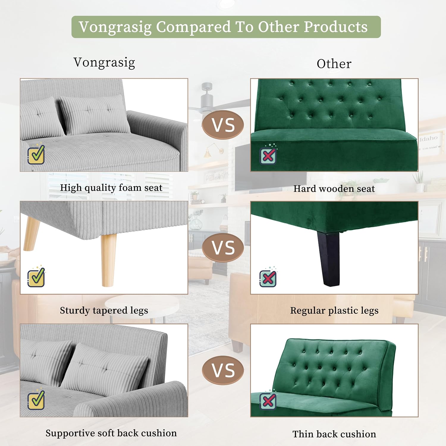 Vongrasig 48" Small Modern Loveseat Sofa, Mid Century Soft Corduroy Fabric 3-Seat Sofa Couch Tufted with Back Cushions and Tapered Legs for Living Room, Bedroom and Small Space