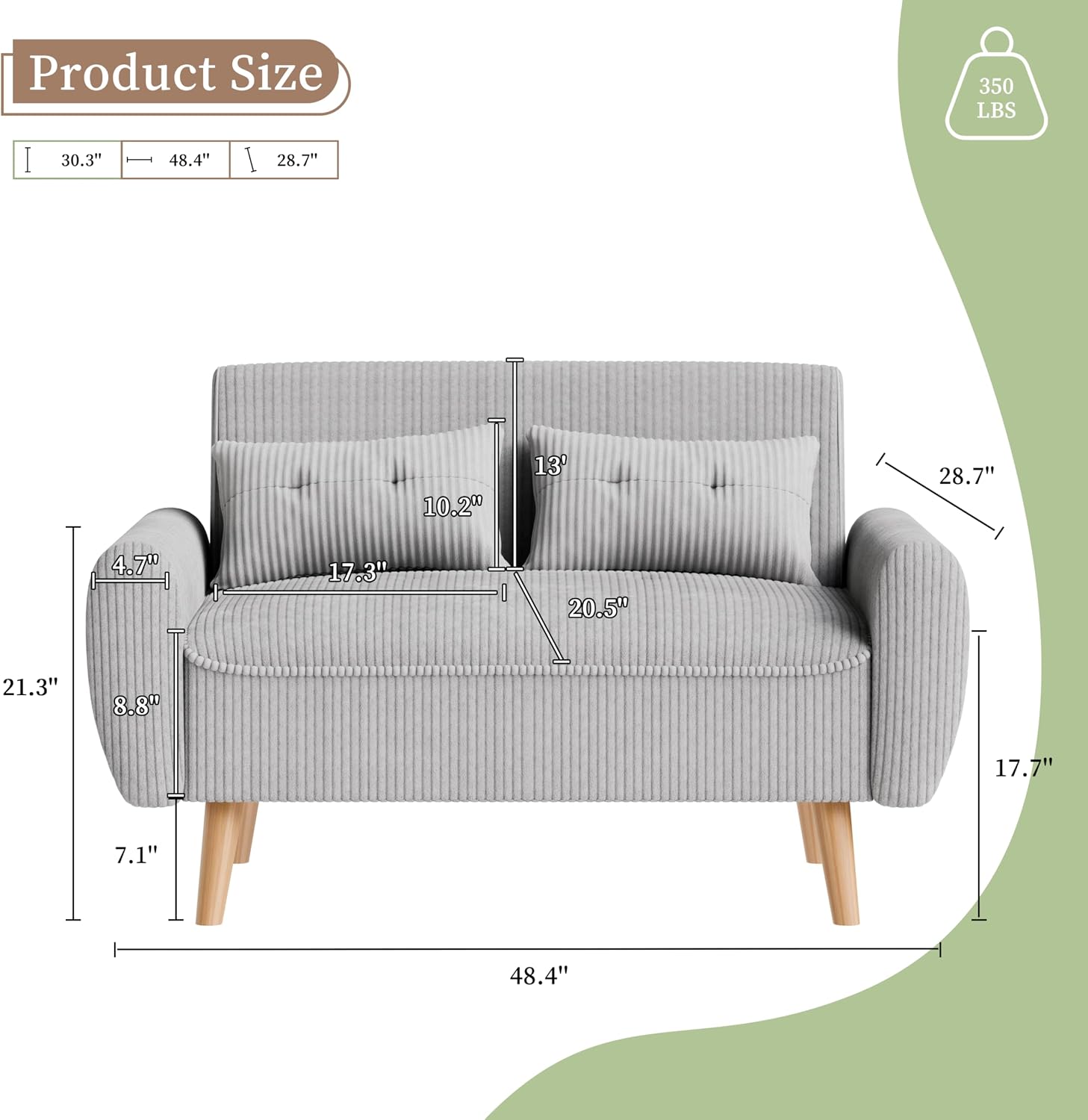 Vongrasig 48" Small Modern Loveseat Sofa, Mid Century Soft Corduroy Fabric 3-Seat Sofa Couch Tufted with Back Cushions and Tapered Legs for Living Room, Bedroom and Small Space