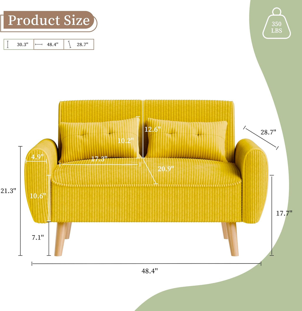 Vongrasig 48" Small Modern Loveseat Sofa, Mid Century Soft Corduroy Fabric 3-Seat Sofa Couch Tufted with Back Cushions and Tapered Legs for Living Room, Bedroom and Small Space