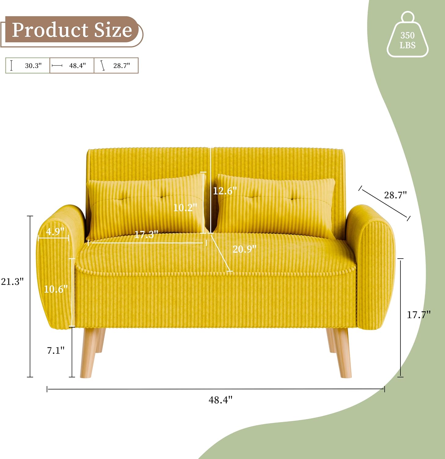 Vongrasig 48" Small Modern Loveseat Sofa, Mid Century Soft Corduroy Fabric 3-Seat Sofa Couch Tufted with Back Cushions and Tapered Legs for Living Room, Bedroom and Small Space