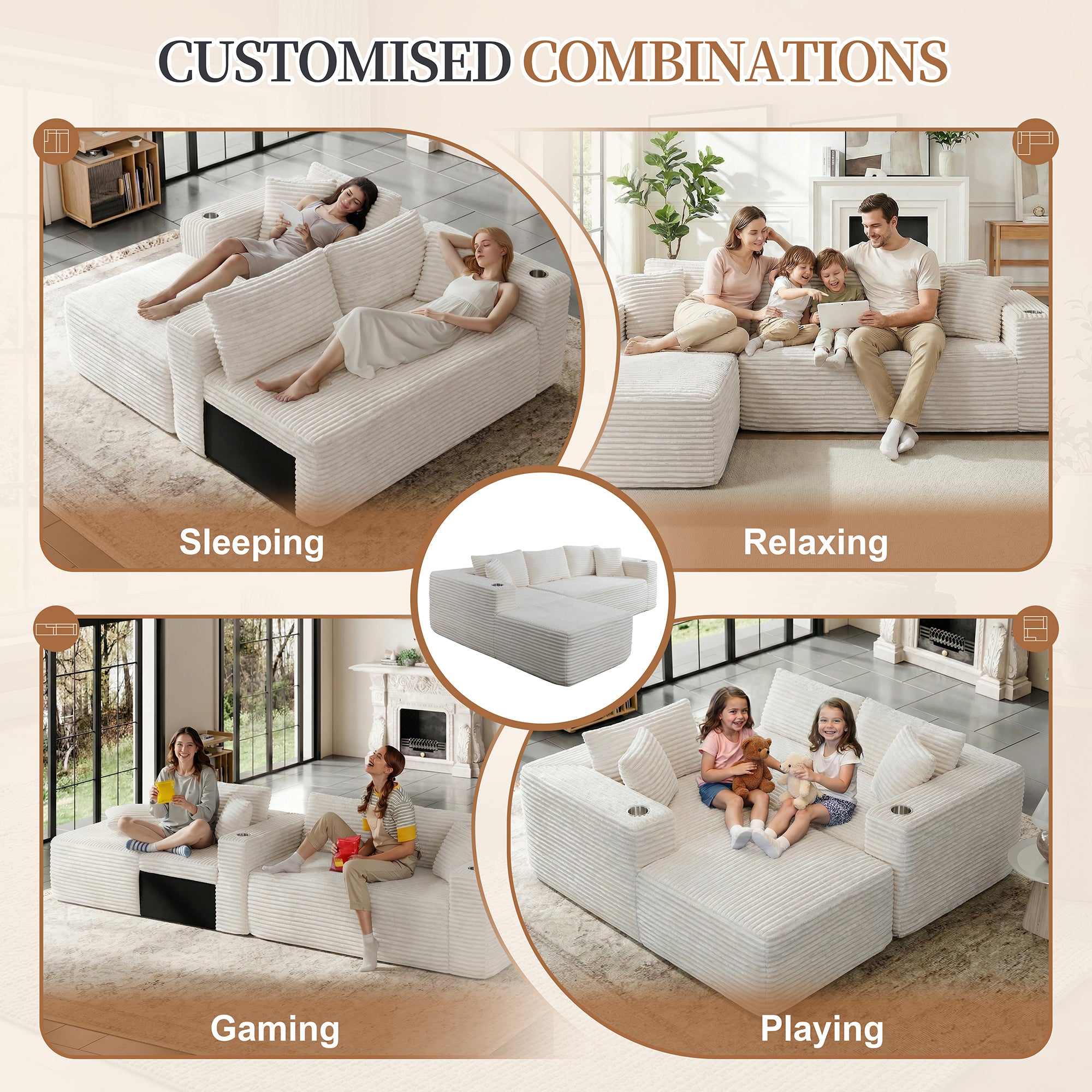 Vongrasig 103" Boneless Sectional Couches for Living Room, L-Shaped Chaise Modular Cloud Couch with Cup Holders on Armrests, Plush Corduroy Comfy Sofa with Memory Foam, No Assembly Required