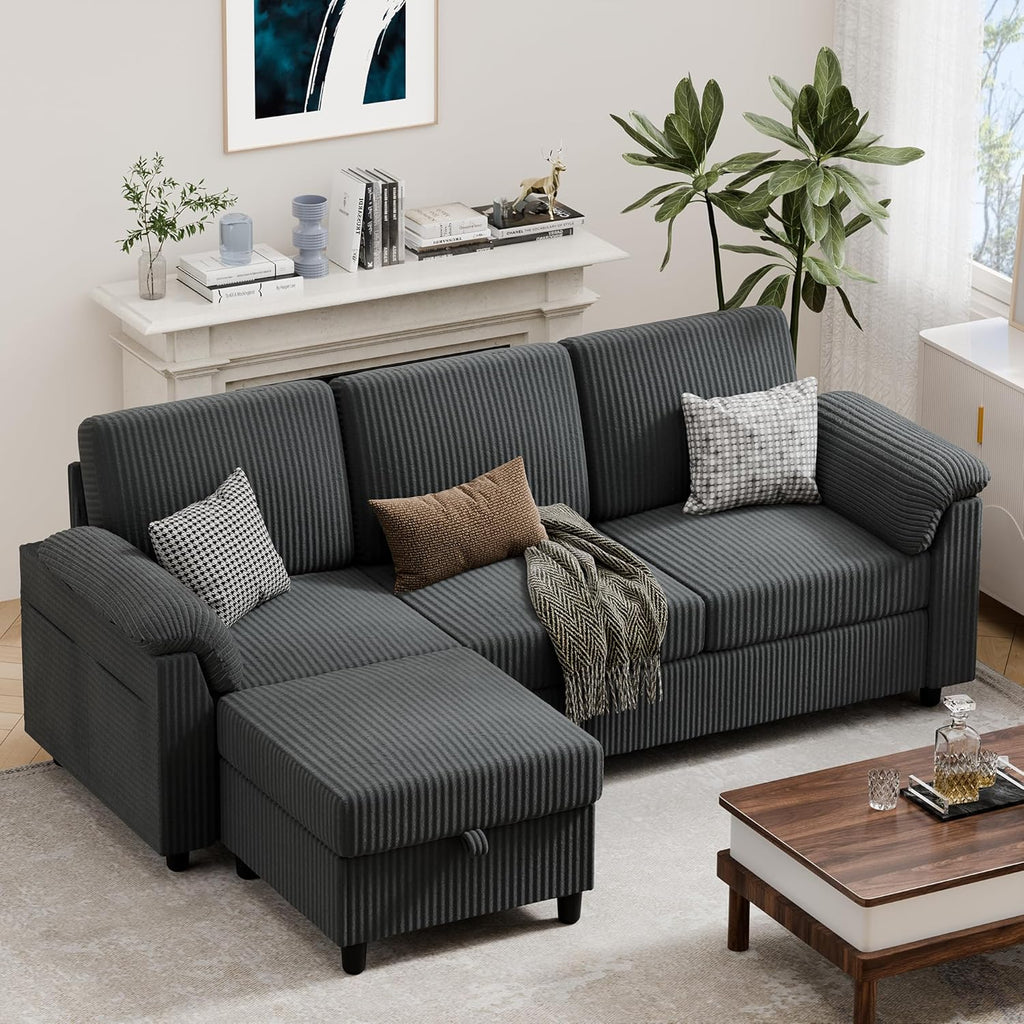 Vongrasig 79" Convertible Sectional Couches Sofa with Storage Ottoman, 3 Seat L Shaped Couch with Side Storage Pockage, Small Couches for Living Room, Apartment and Small Space