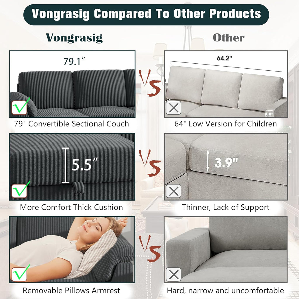 Vongrasig 79" Convertible Sectional Couches Sofa with Storage Ottoman, 3 Seat L Shaped Couch with Side Storage Pockage, Small Couches for Living Room, Apartment and Small Space