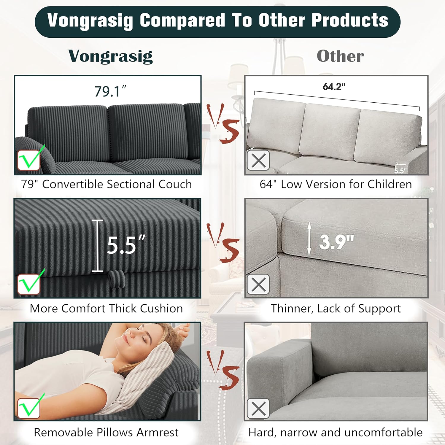 Vongrasig 79" Convertible Sectional Couches Sofa with Storage Ottoman, 3 Seat L Shaped Couch with Side Storage Pockage, Small Couches for Living Room, Apartment and Small Space
