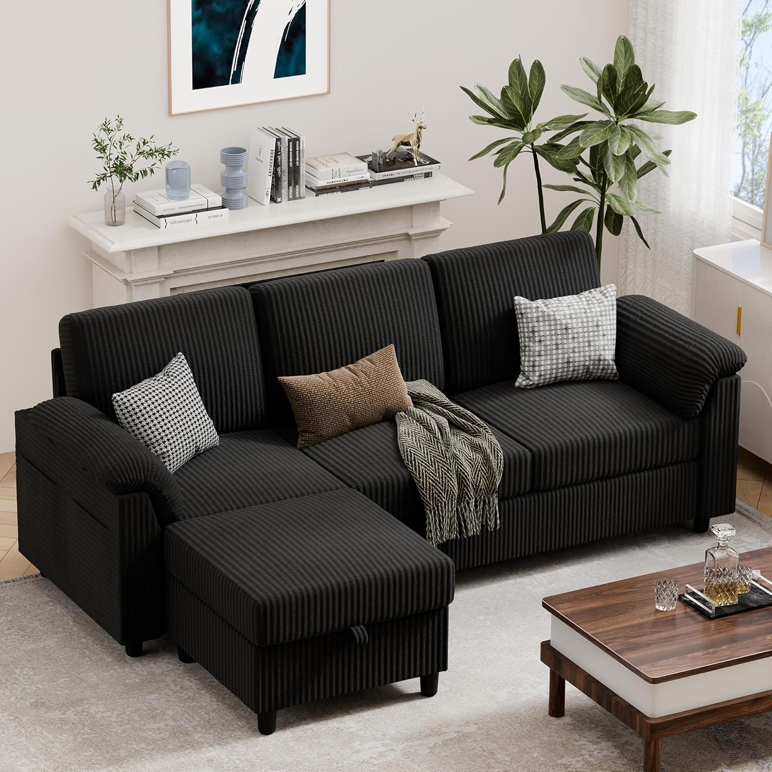 Vongrasig 79" Convertible Sectional Couches Sofa with Storage Ottoman, 3 Seat L Shaped Couch with Side Storage Pockage, Small Couches for Living Room, Apartment and Small Space